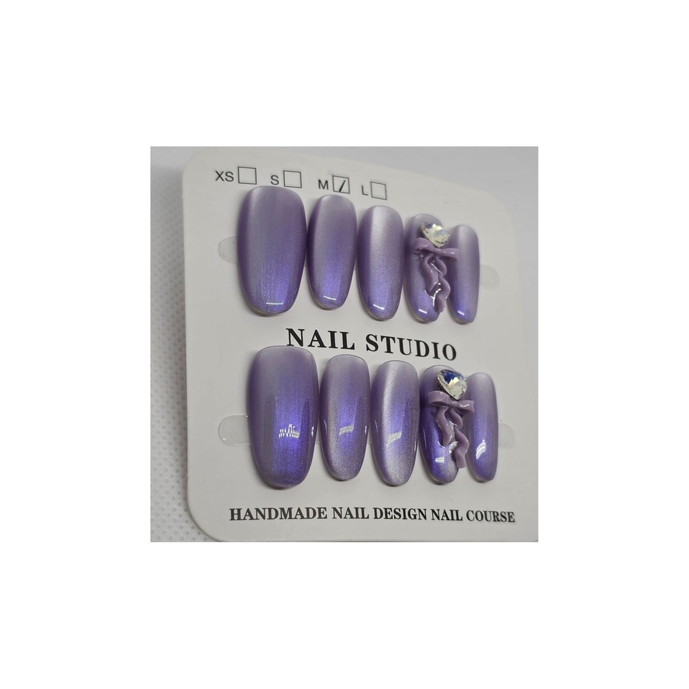 Purple Cat Eye Press On Nails Size M Medium Oval 3D Bow Heart Crystal - Picture 3 of 3